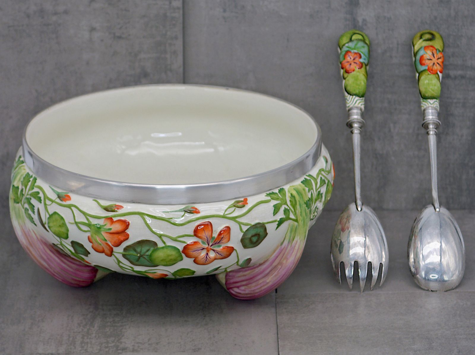 photo buy Antique Ceramic Majolica Salad Bowl (Or Soup Tureen) With Original Serving Cuttlery.