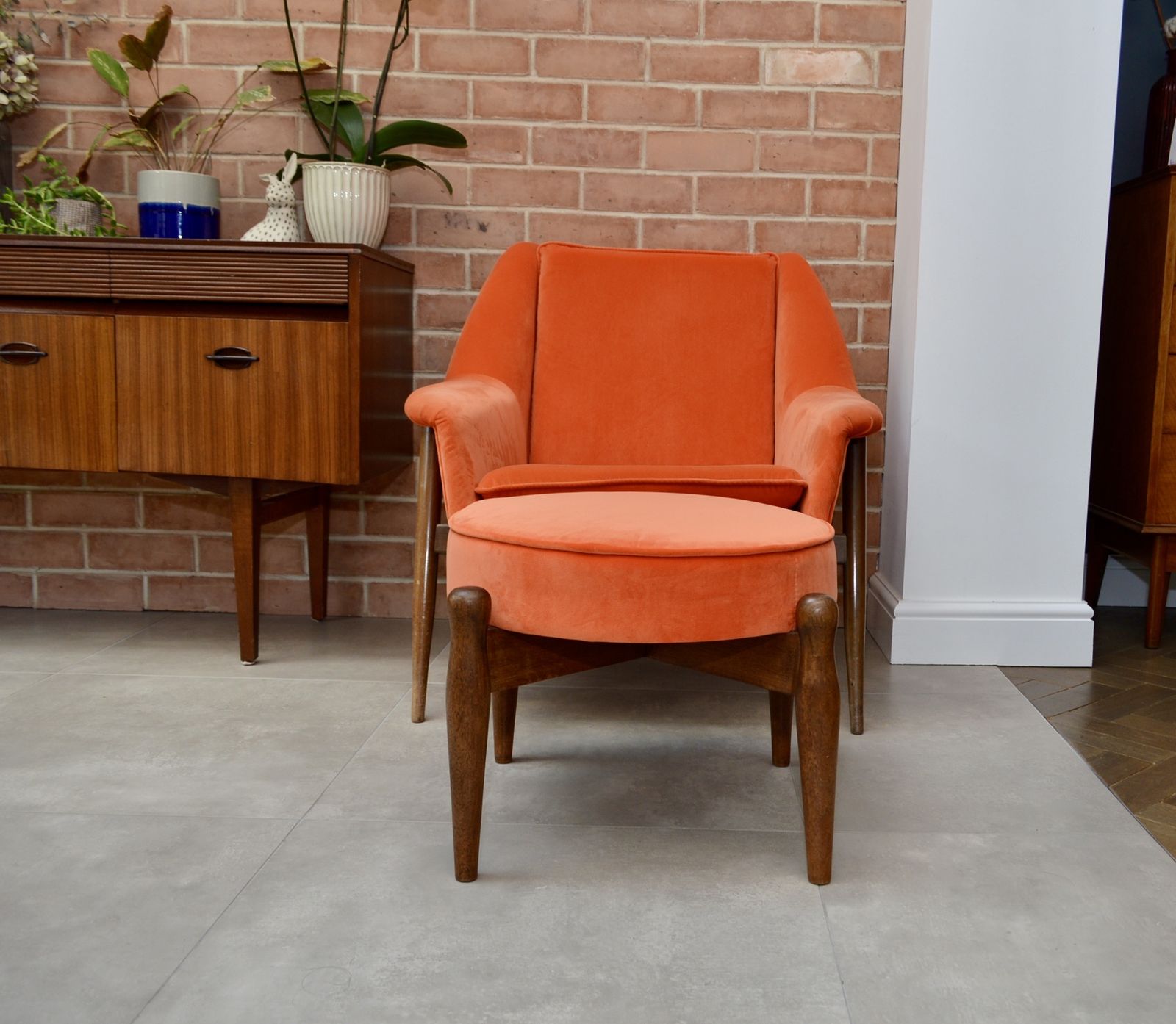 photo for sale Retro/ Mid Century Teak And Velvet Orange Ottoman /Footstool
