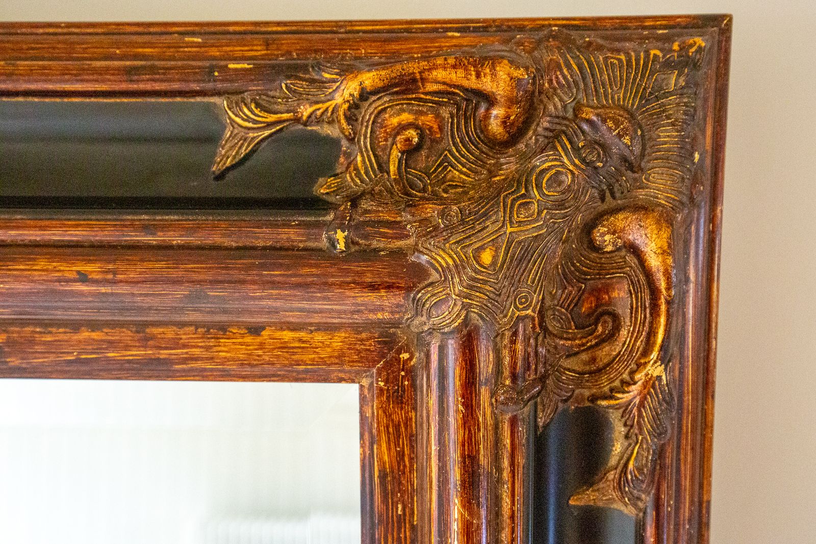 Large Antique French Baroque Style Mirror Country House Gold Black Copper Rectangular Landscape Or Portrait Vintag.E Bevelled Glass 46" X 35" photo for sale
