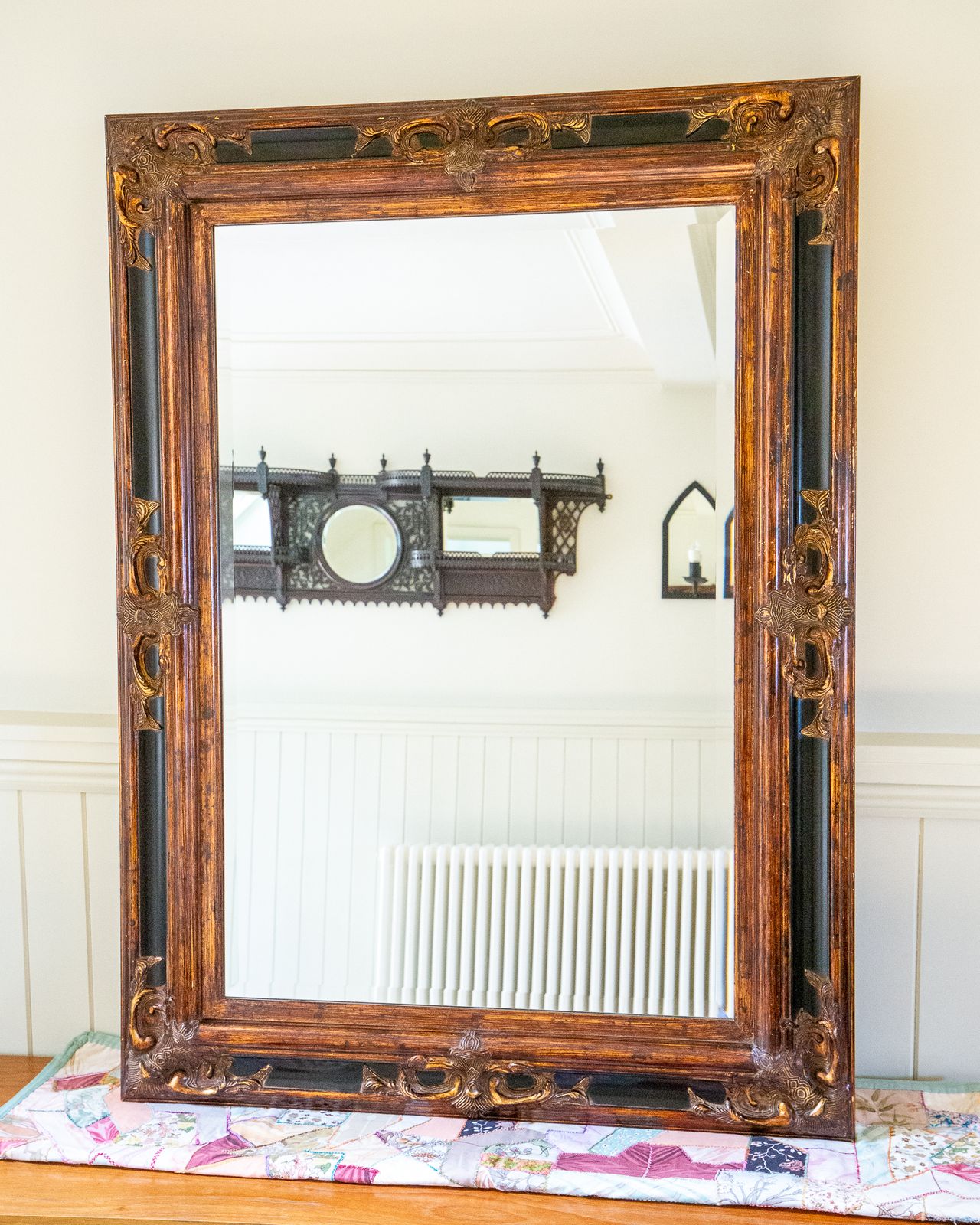 Large Antique French Baroque Style Mirror Country House Gold Black Copper Rectangular Landscape Or Portrait Vintag.E Bevelled Glass 46" X 35" photo 795.0