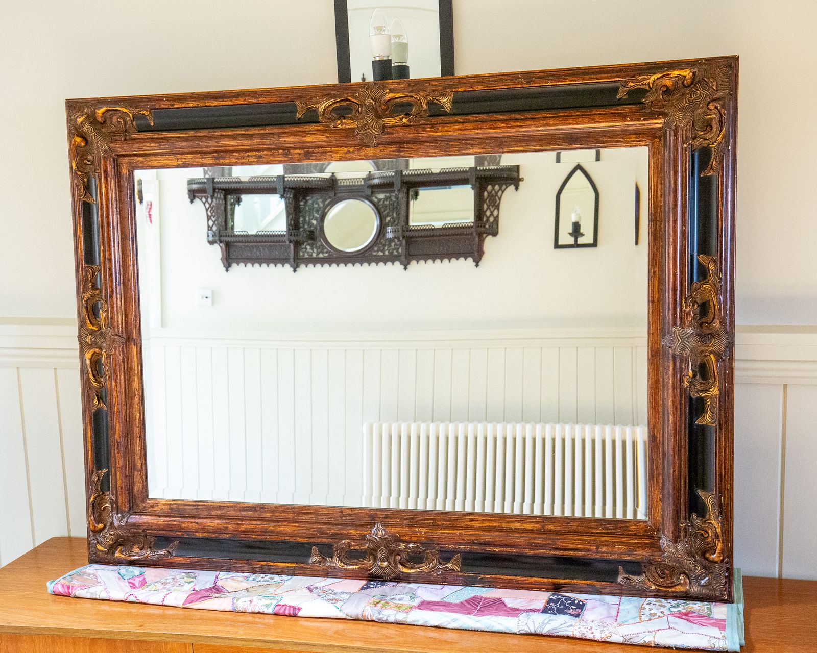795.0 Large Antique French Baroque Style Mirror Country House Gold Black Copper Rectangular Landscape Or Portrait Vintag.E Bevelled Glass 46" X 35" photo
