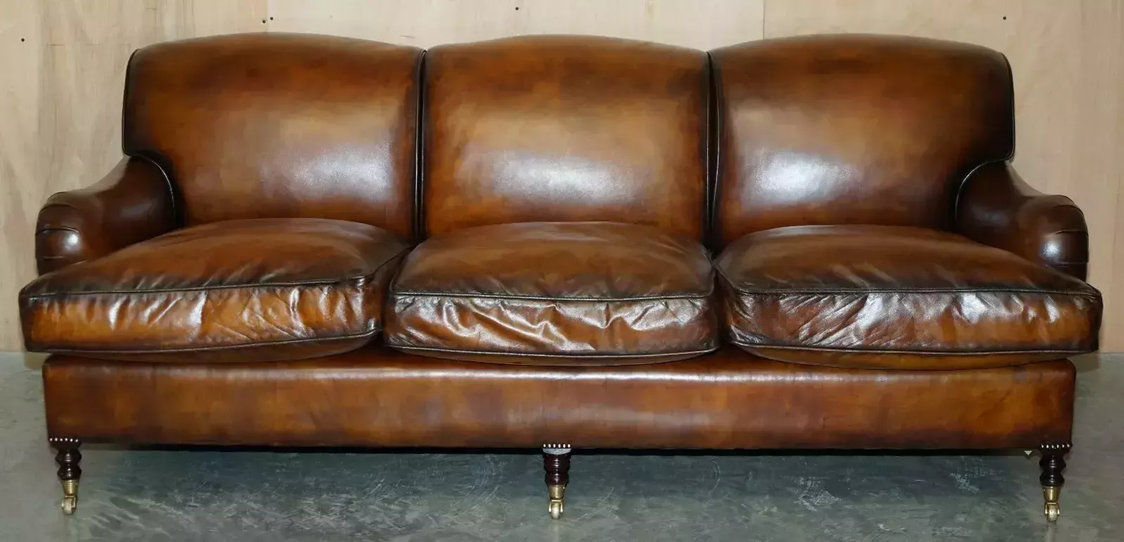 1 Of 2 Large George Smith Howard & Son's Brown Leather Signature Scroll Arm Sofa photo for sale