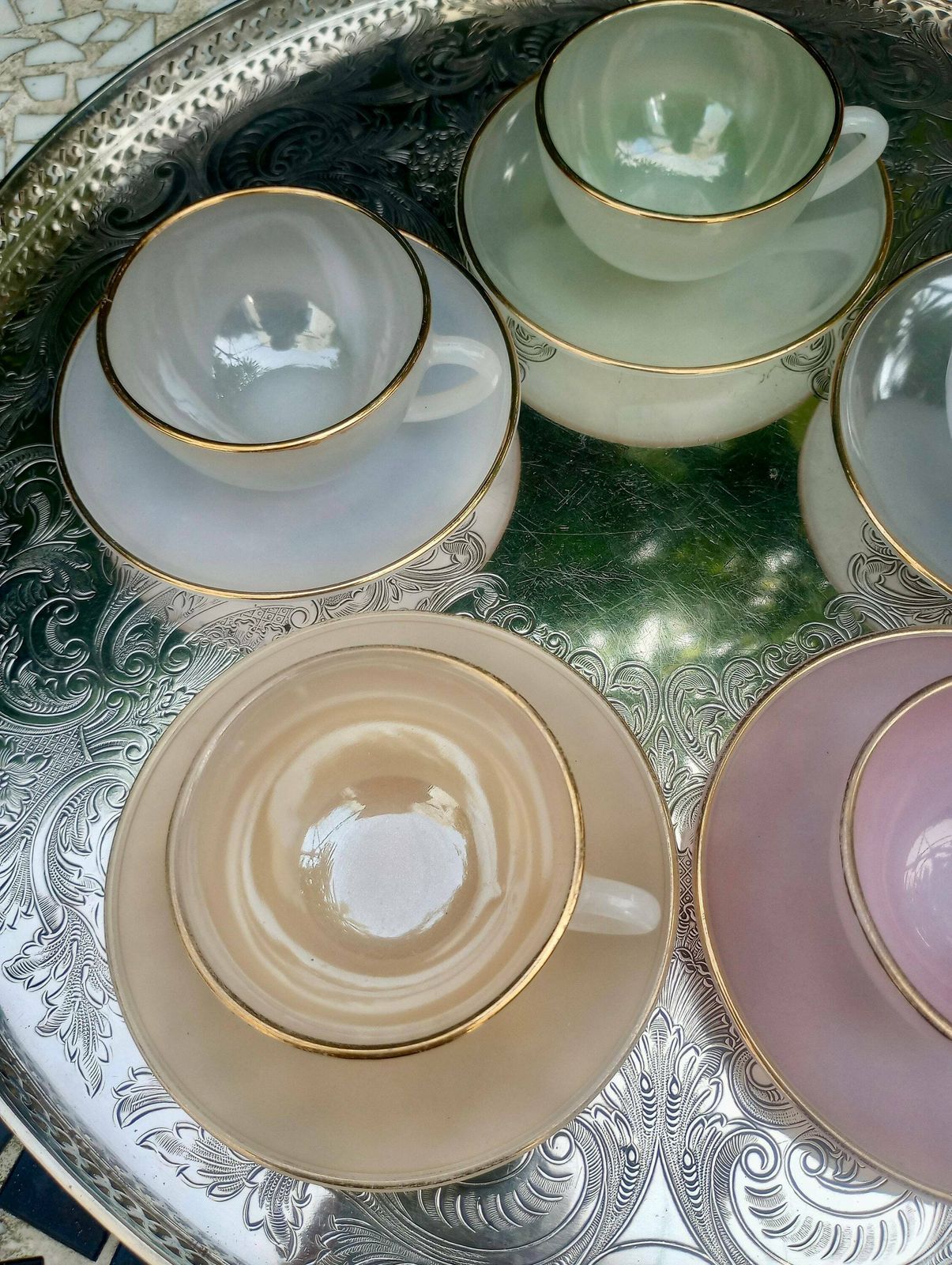 Set Of 5 Gorgeous Arcopal Harlequin Espresso Cups photo vintage