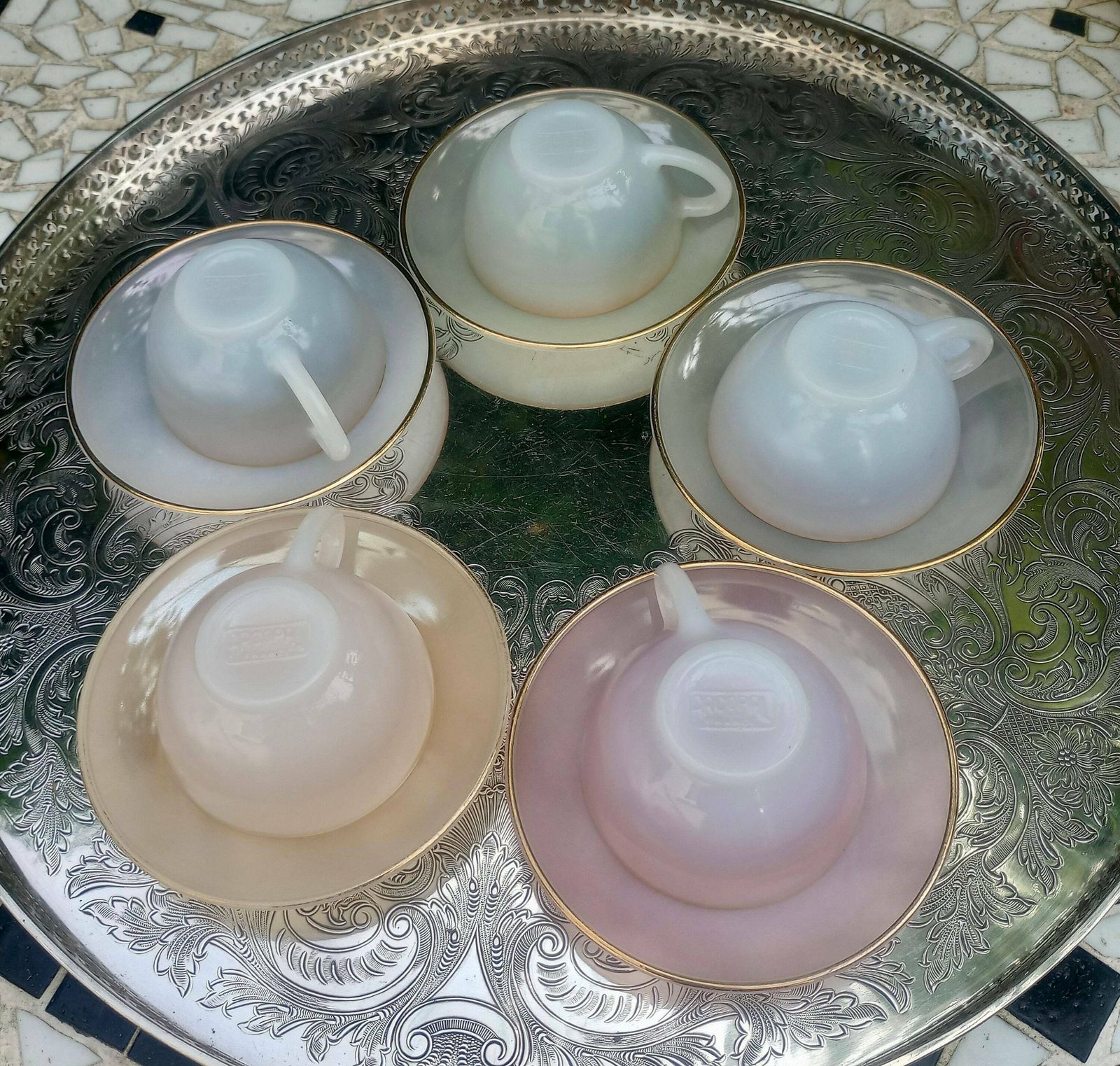 photo for sale Set Of 5 Gorgeous Arcopal Harlequin Espresso Cups