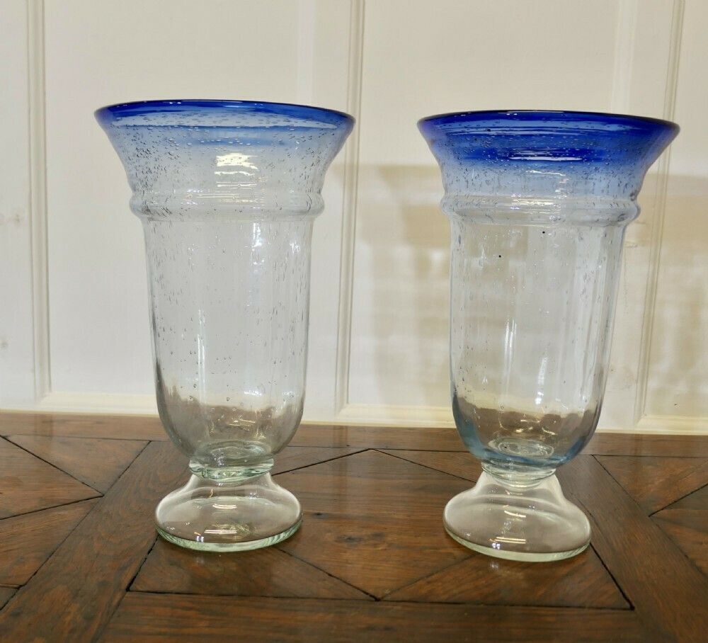 Pair Of Large Vintage Seeded Bubble Art Glass Vases With Blue Rim