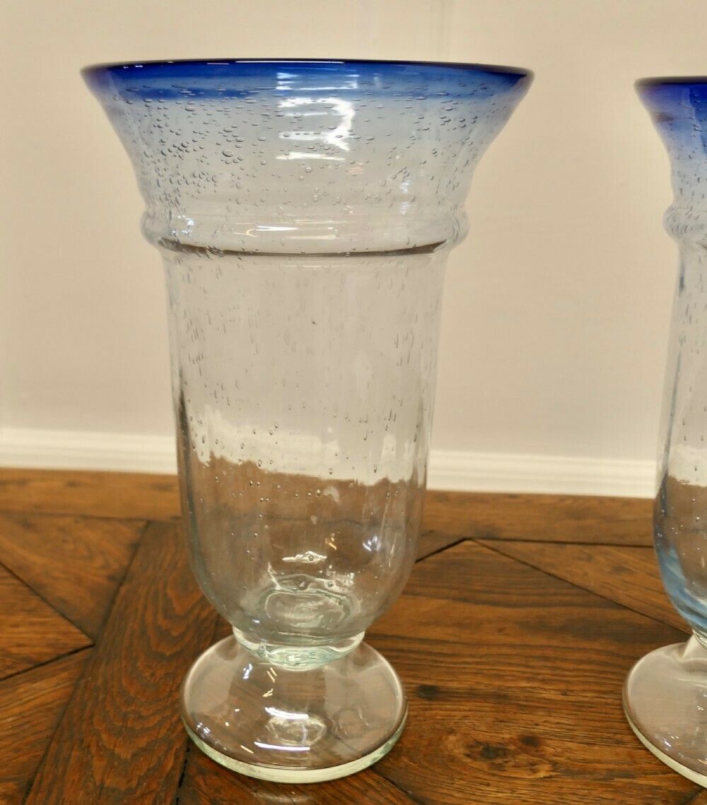 Pair Of Large Vintage Seeded Bubble Art Glass Vases With Blue Rim photo for sale