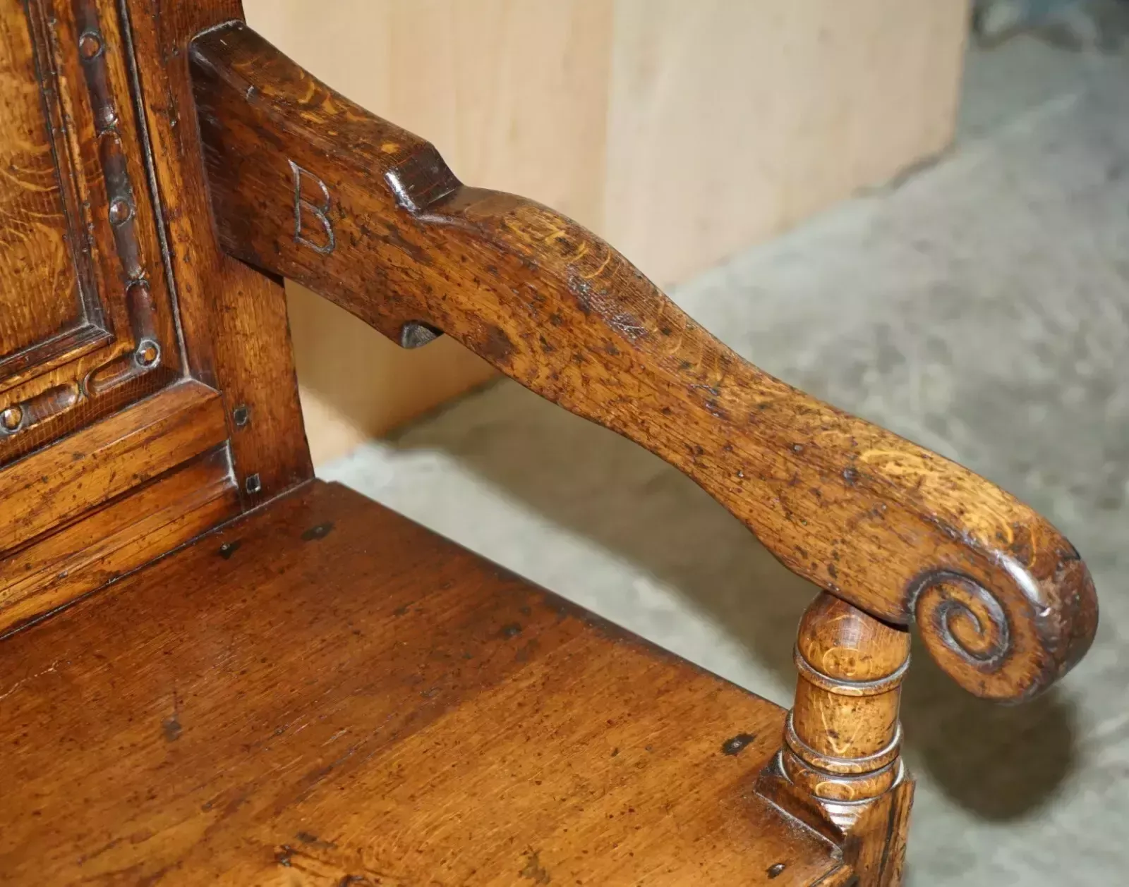 Furniture Fine & Rare Original 19th Century Wainscot Armchair England Oak With Side Drawer photo