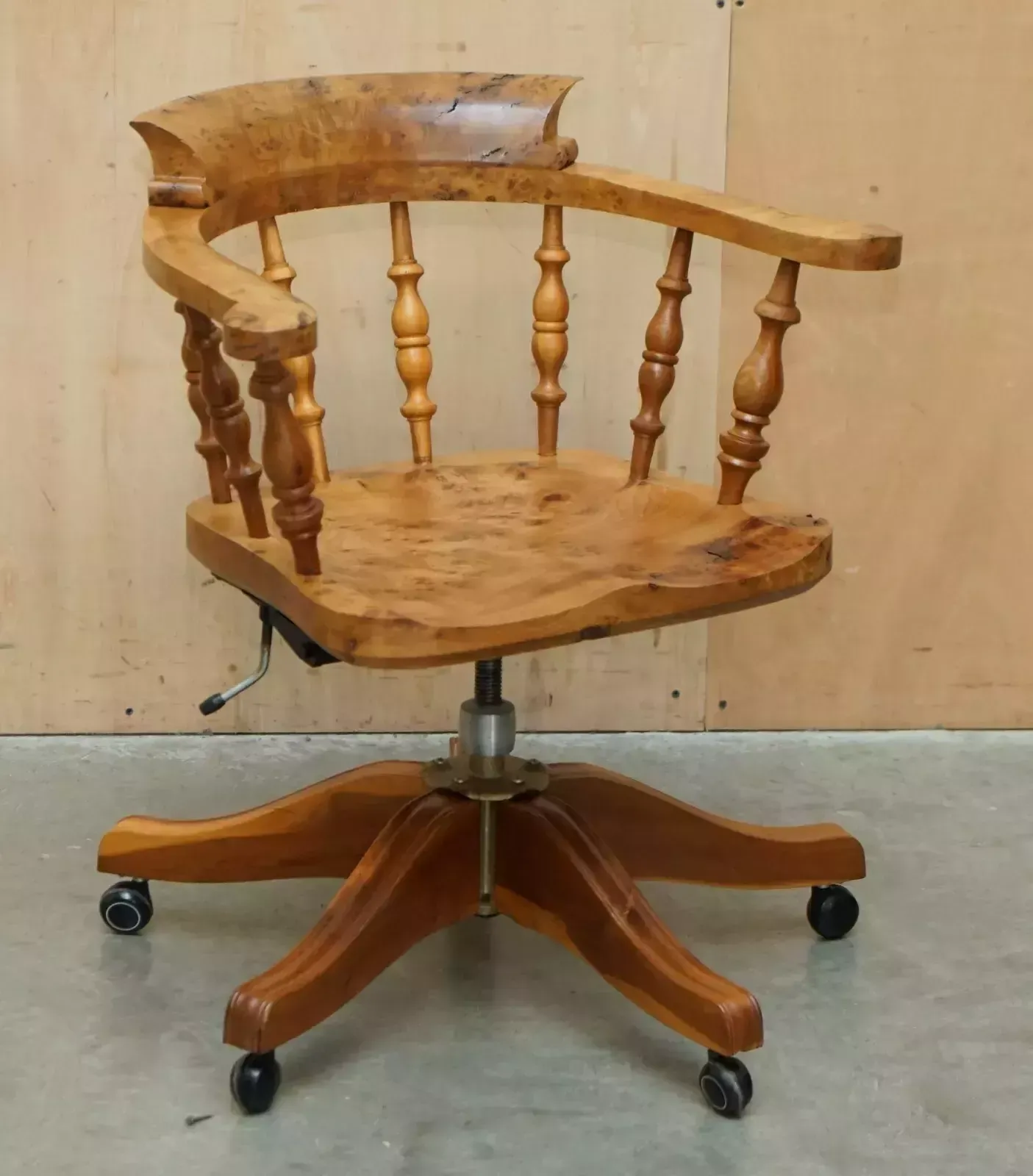 Super Rare Highly Collectable Burr Yew Wood Windsor Swivel Captains Office Chair photo furniture