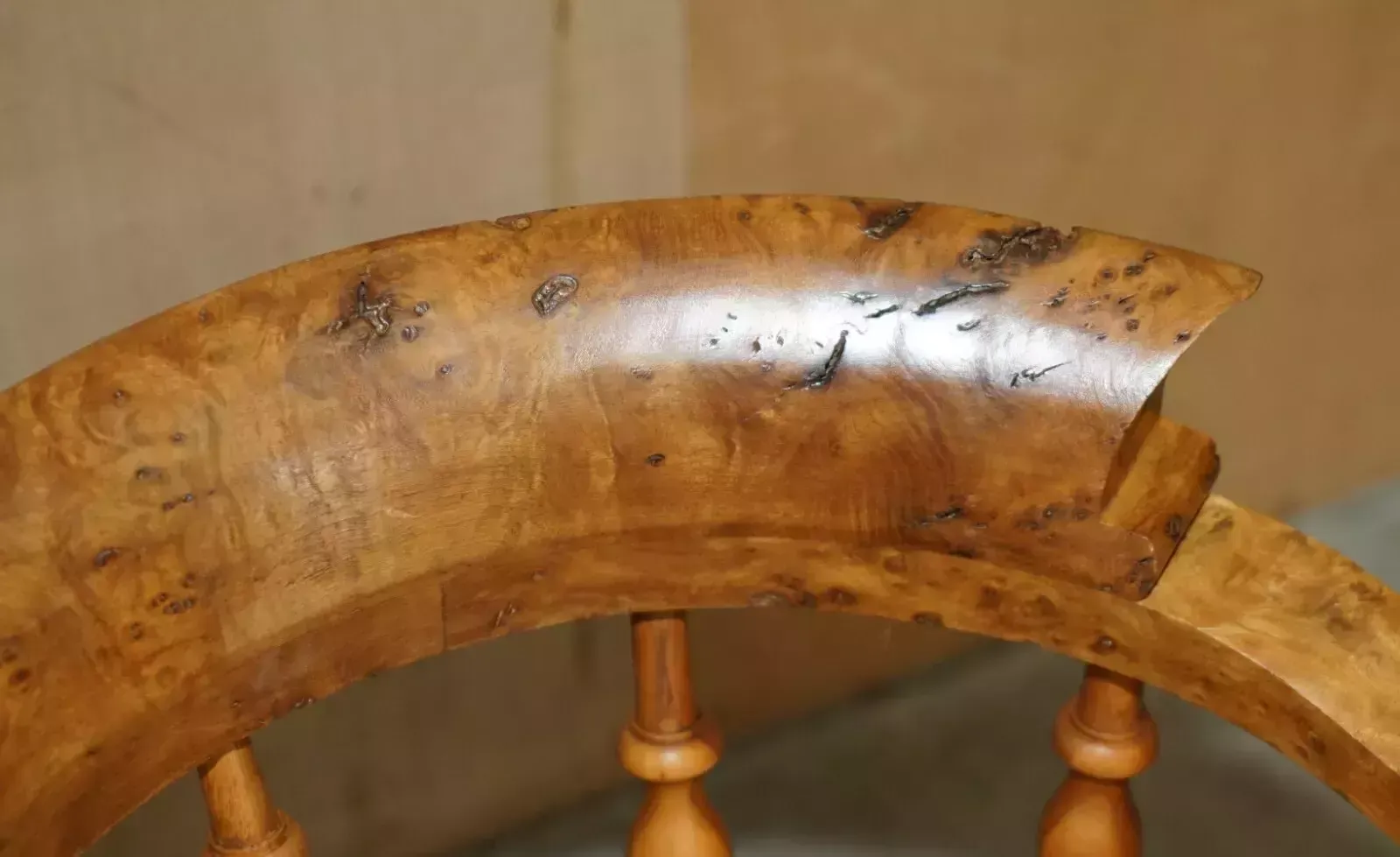 Furniture Super Rare Highly Collectable Burr Yew Wood Windsor Swivel Captains Office Chair photo