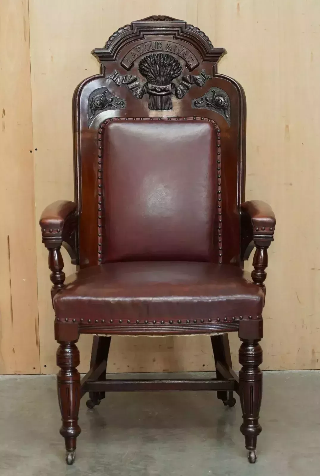 Exqusiite Antique English Hand Carved Harvest "Labour & Wait" Throne Armchair photo for sale