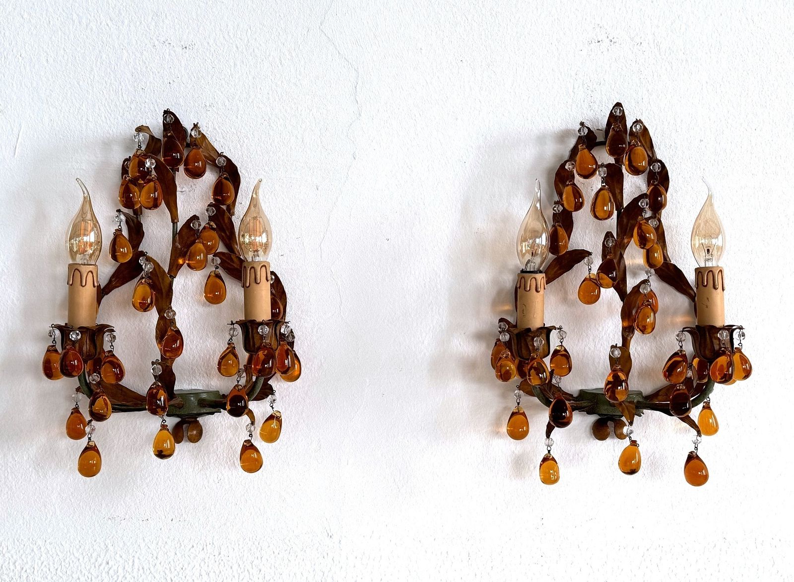 Italian Mid Century Tole And Amber Murano Glass Drops Wall Sconces, 1950s