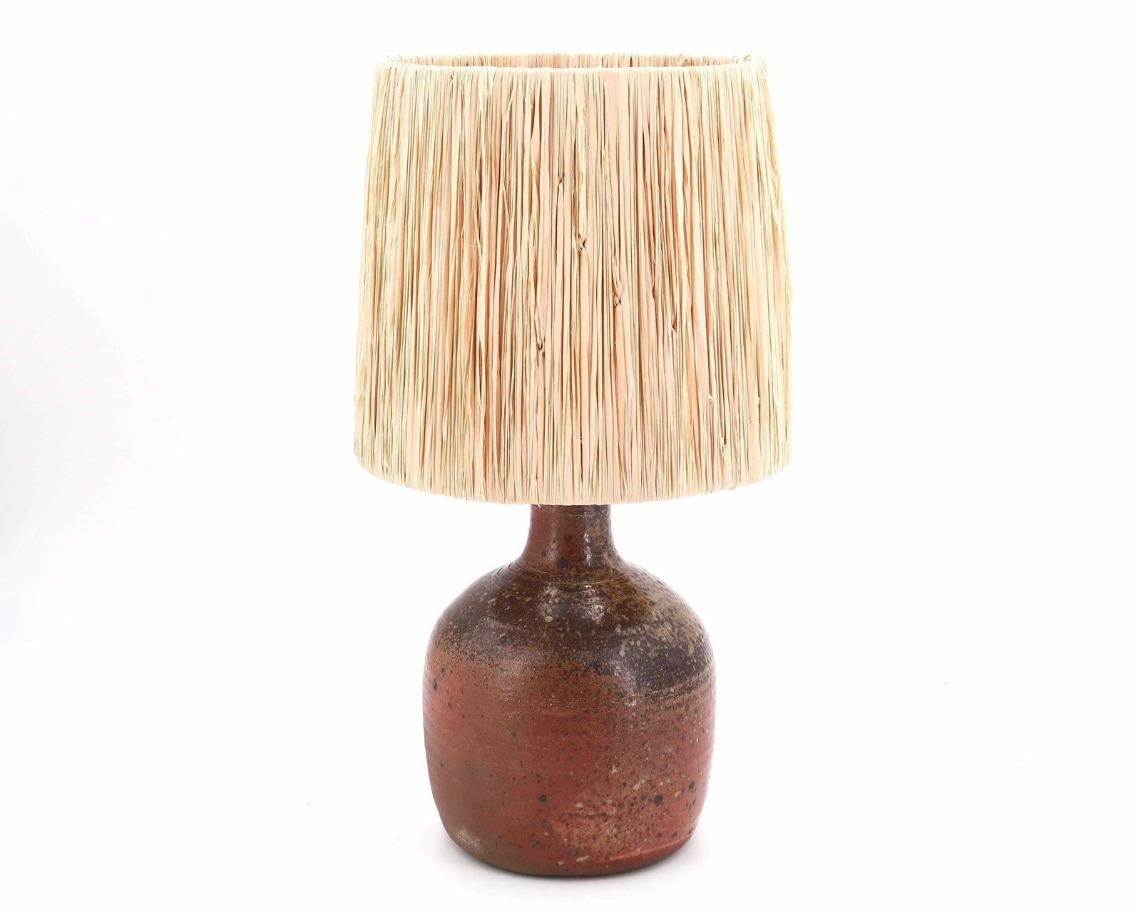 French Stoneware Ceramic Table Lamp, Raffia Shade, 1960s / Potter, Brown, Boho Chic, Folk, Country, Lighting, France