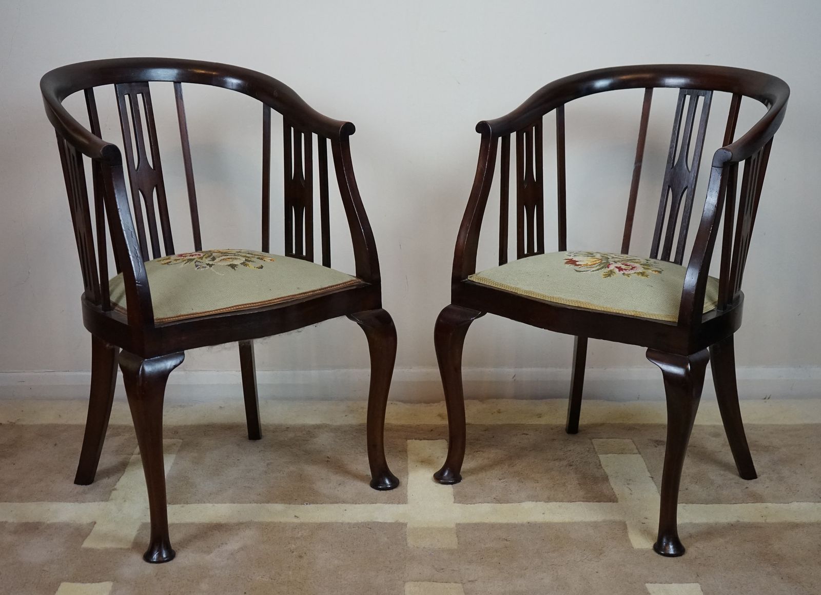 Beautiful Pair Of Edwardian Stick And Tub  Back Armchairs With Berlin Wool Work Seats photo furniture