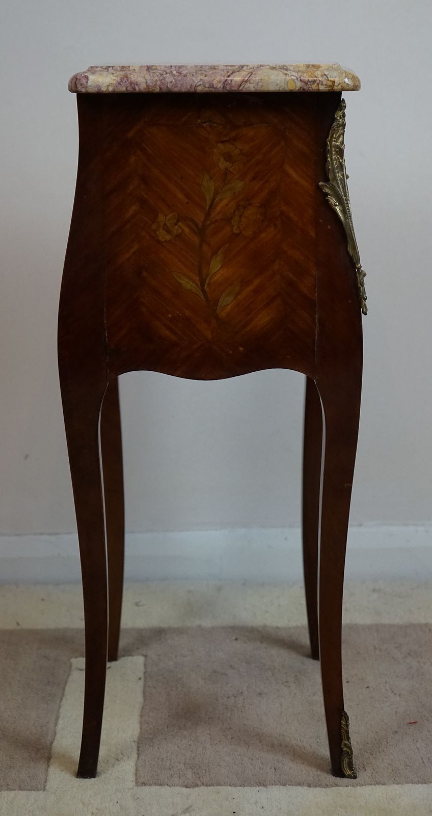 French Kingwood And Floral Marquetry Inlaid Bedside Chest With Marble Top photo vintage