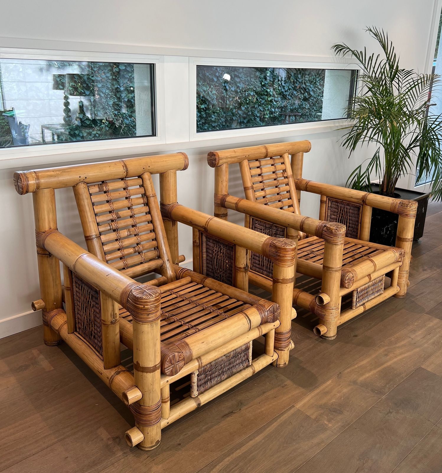 photo vinterior Pair Of Large Bamboo Armchairs And Pierre Frey Cushions