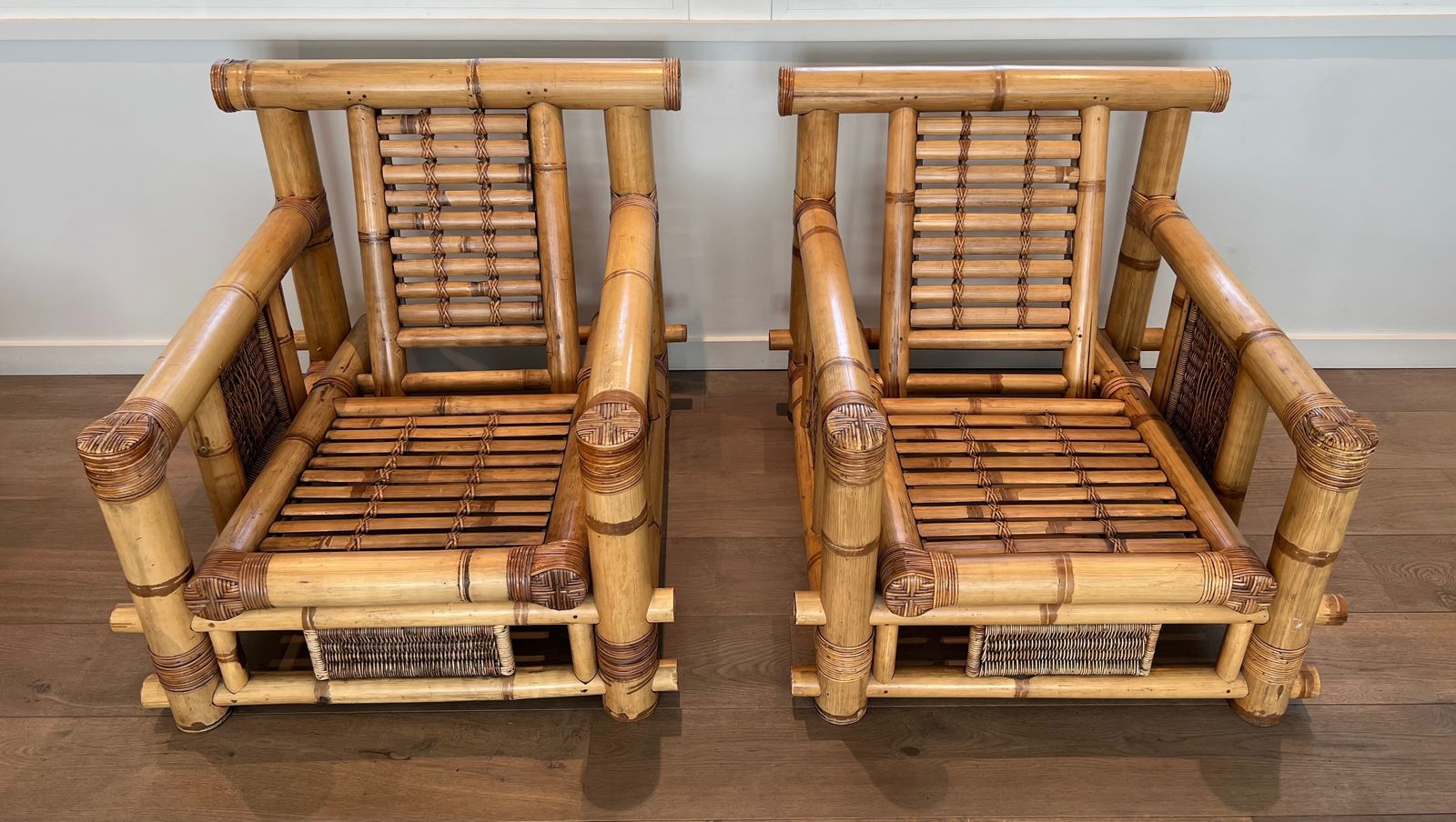 photo buy Pair Of Large Bamboo Armchairs And Pierre Frey Cushions