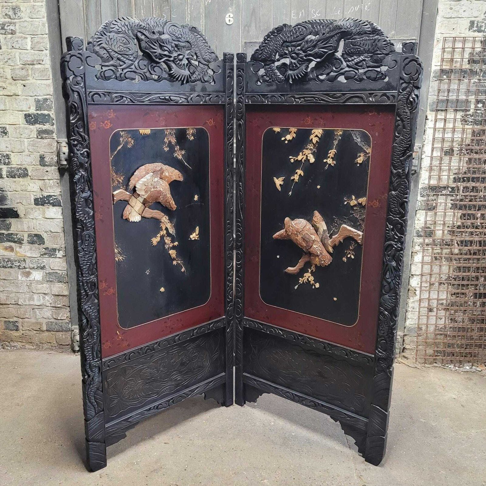 Antique 19th Century Japanese Oriental Carved Lacquered Folding Screen