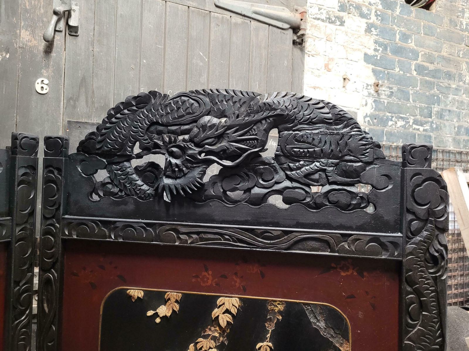 Antique 19th Century Japanese Oriental Carved Lacquered Folding Screen photo vintage