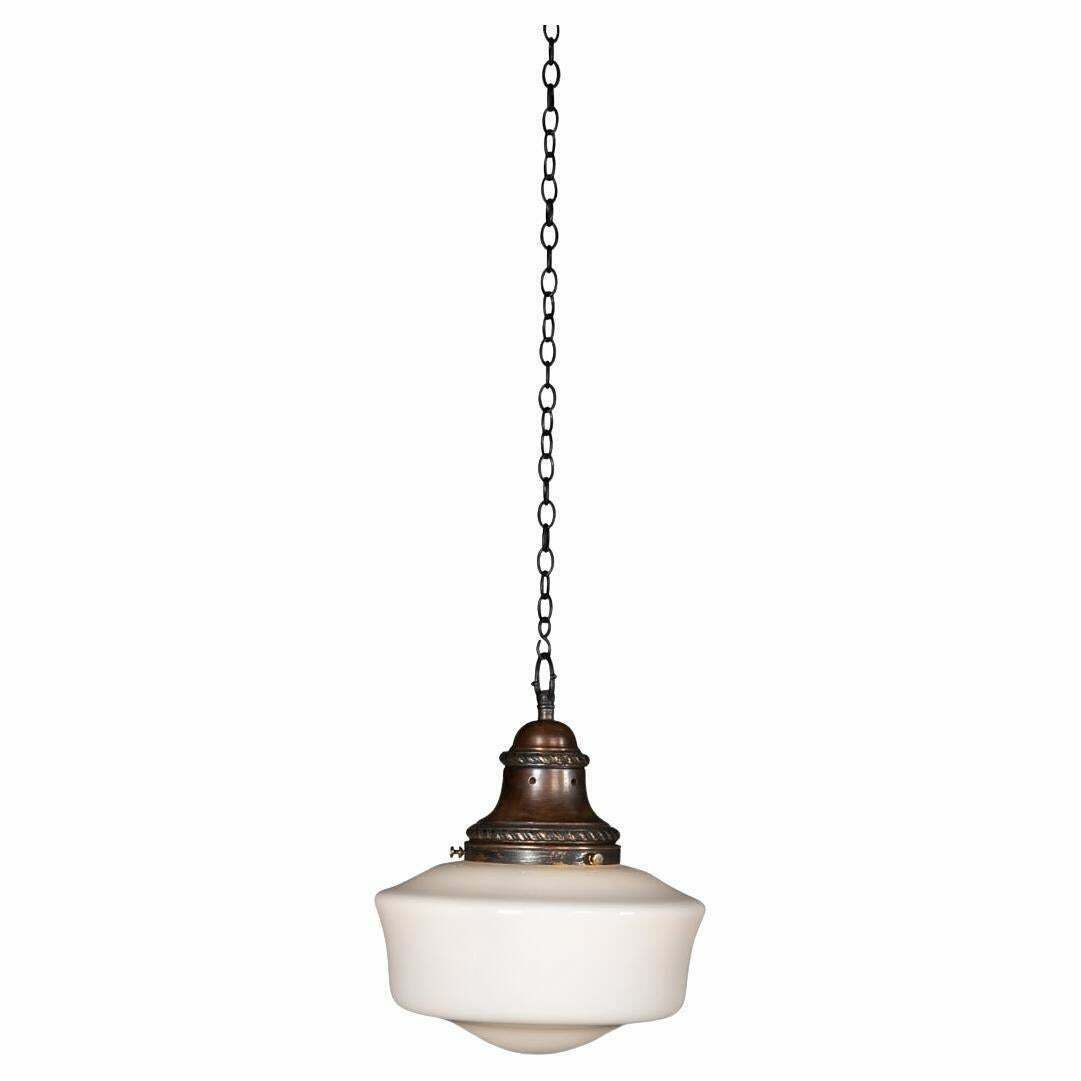 Vintage 20th Century English White Opaque Glass & Copper Pendant Light C.1930