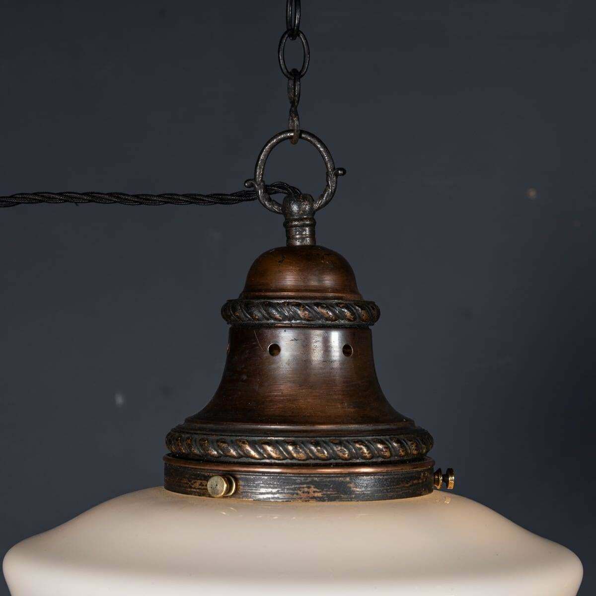 Vintage 20th Century English White Opaque Glass & Copper Pendant Light C.1930 photo Lighting