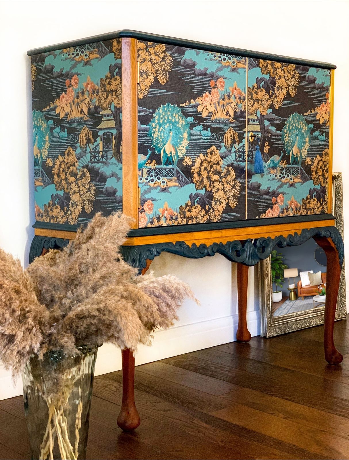 Oriental Queen Anne Cocktail Cabinet, Blue  Drinks Bar, Living Room Drinks Unit With Carved Details, Statement Furniture, Made To Order. photo 2375.0