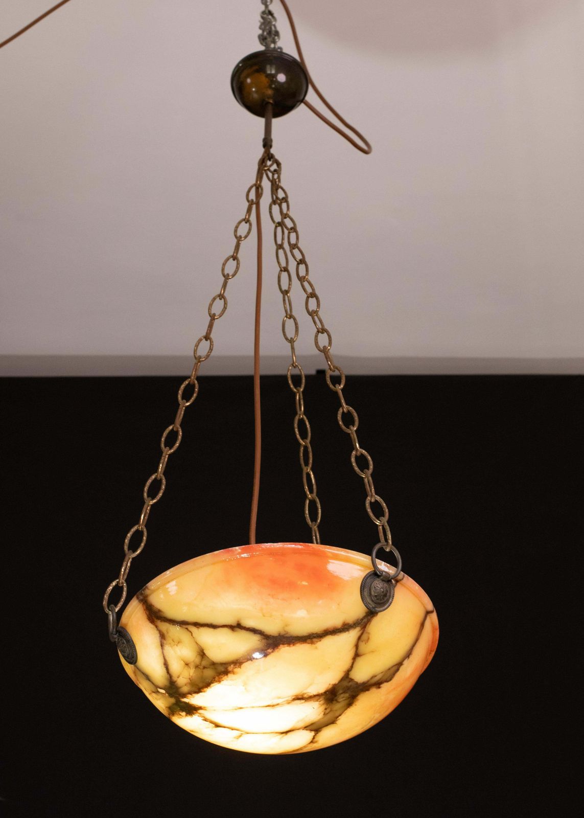 Great Design Red And Orange Art Deco White Alabaster Chandelier, 1940s photo furniture