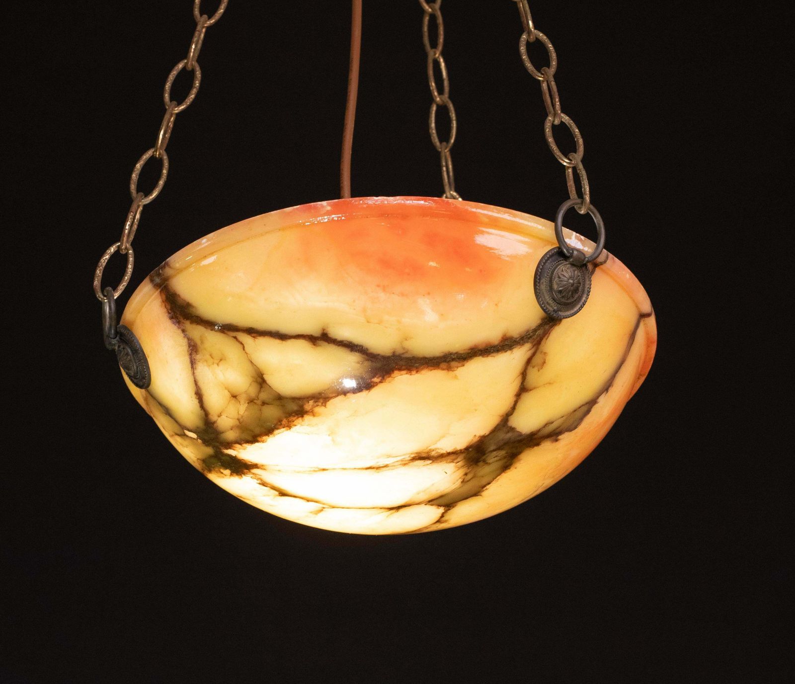 Great Design Red And Orange Art Deco White Alabaster Chandelier, 1940s photo for sale