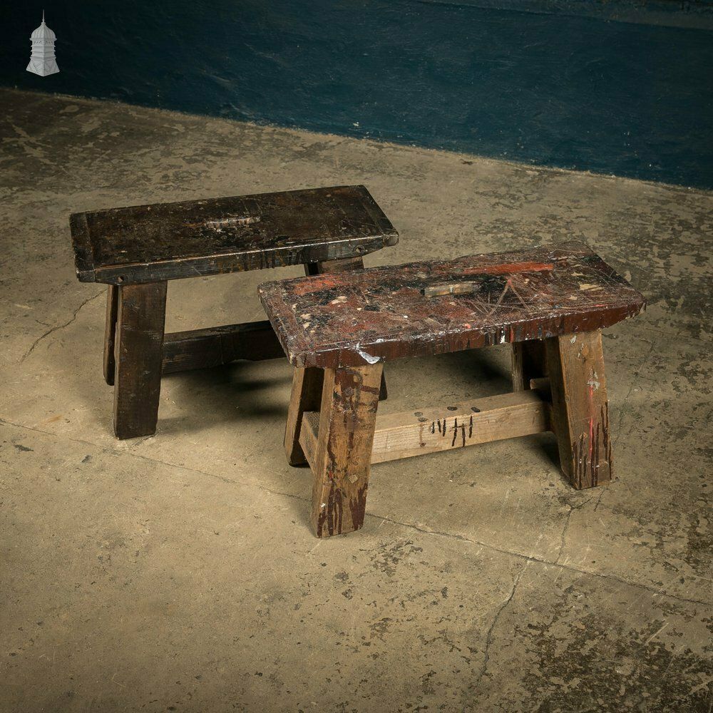 Trestle Step Stools, Pair Of Rustic Pine Industrial Workshop Stools photo vinterior