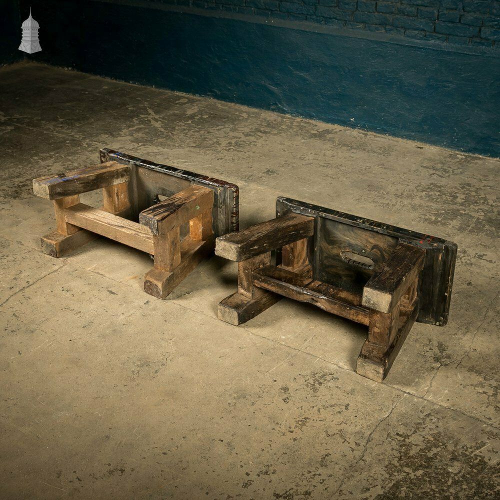 photo vintage Trestle Step Stools, Pair Of Rustic Pine Industrial Workshop Stools