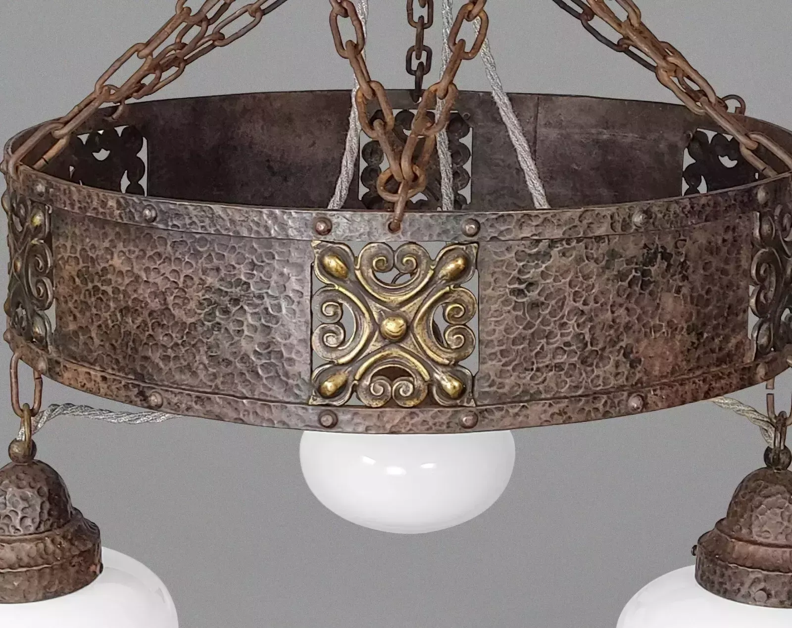 Xl Antique Arts & Crafts Iron & Bronze Chandelier With Opaline Glass Shades photo for sale