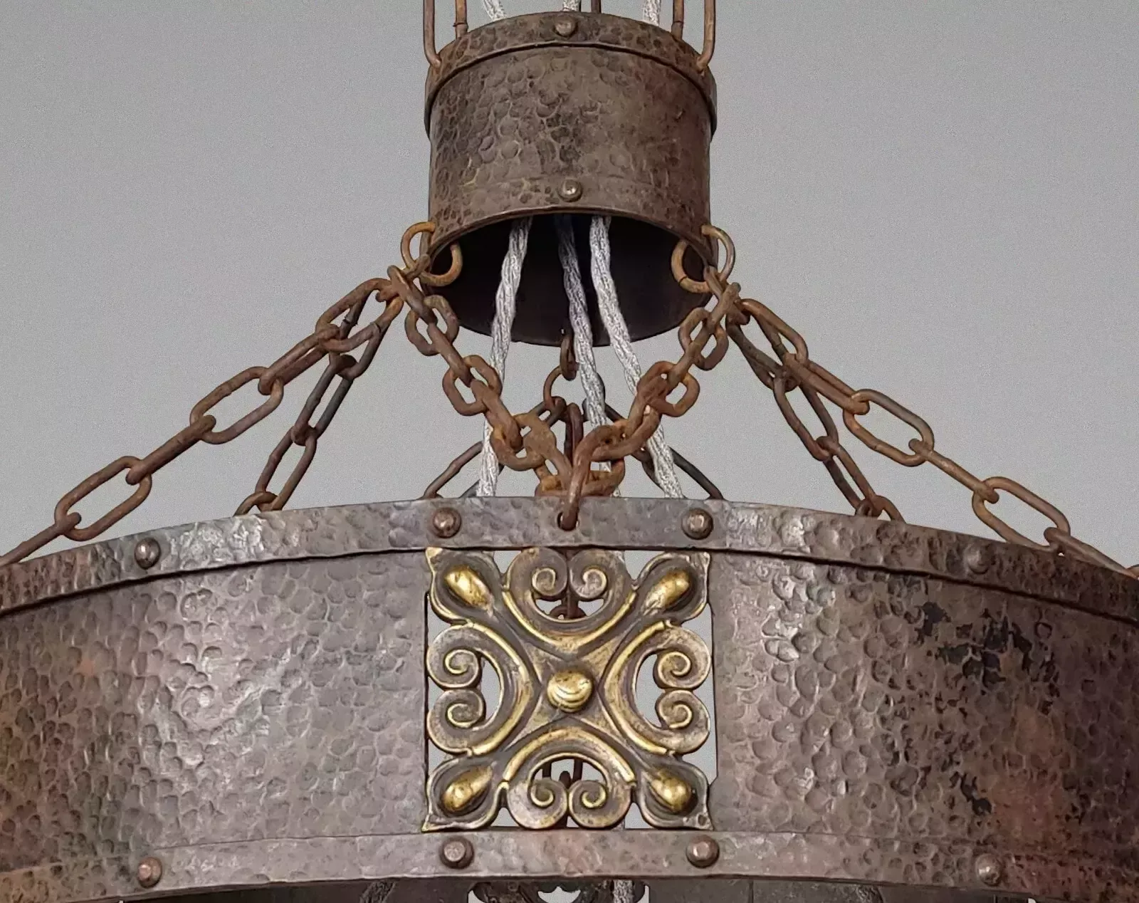 Xl Antique Arts & Crafts Iron & Bronze Chandelier With Opaline Glass Shades photo 950.0
