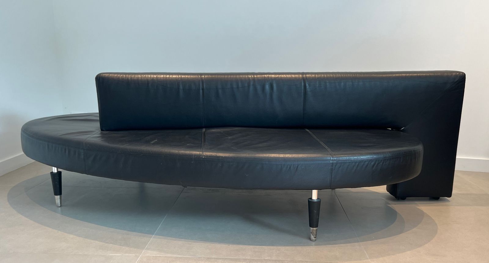 Rare Oval Design Sofa In Black Leather And Chrome Feet. French Work. Circa 1970 photo Furniture