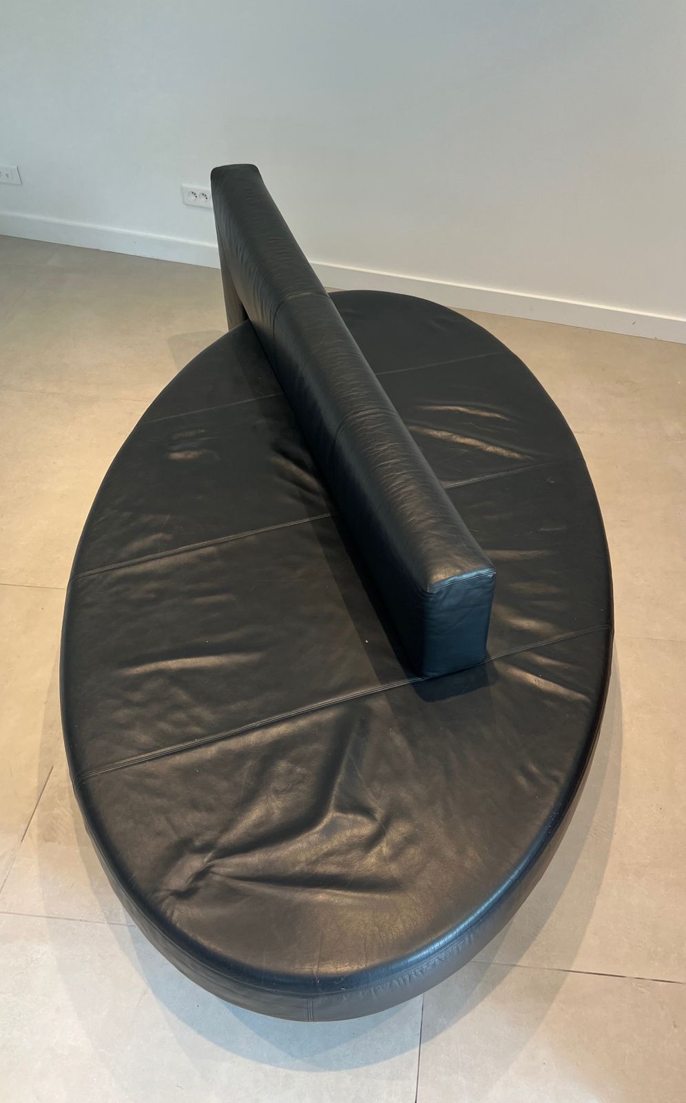 Rare Oval Design Sofa In Black Leather And Chrome Feet. French Work. Circa 1970 photo 7800.0
