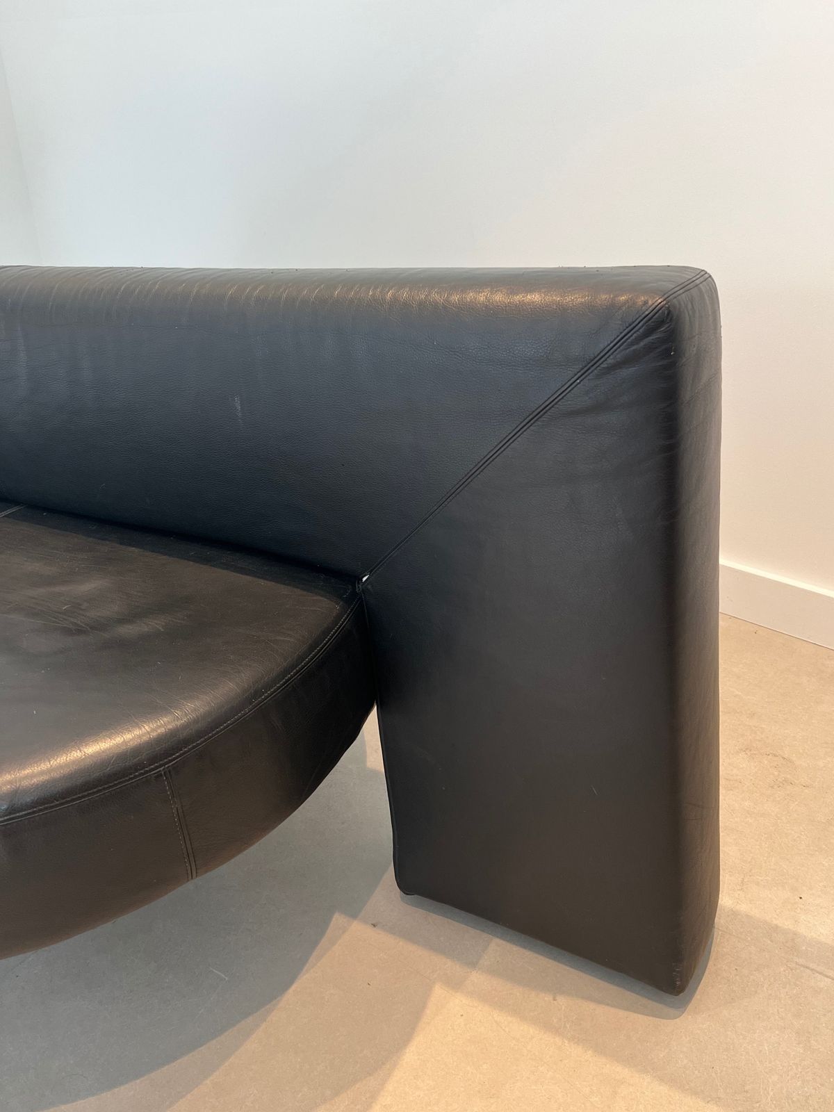photo buy Rare Oval Design Sofa In Black Leather And Chrome Feet. French Work. Circa 1970
