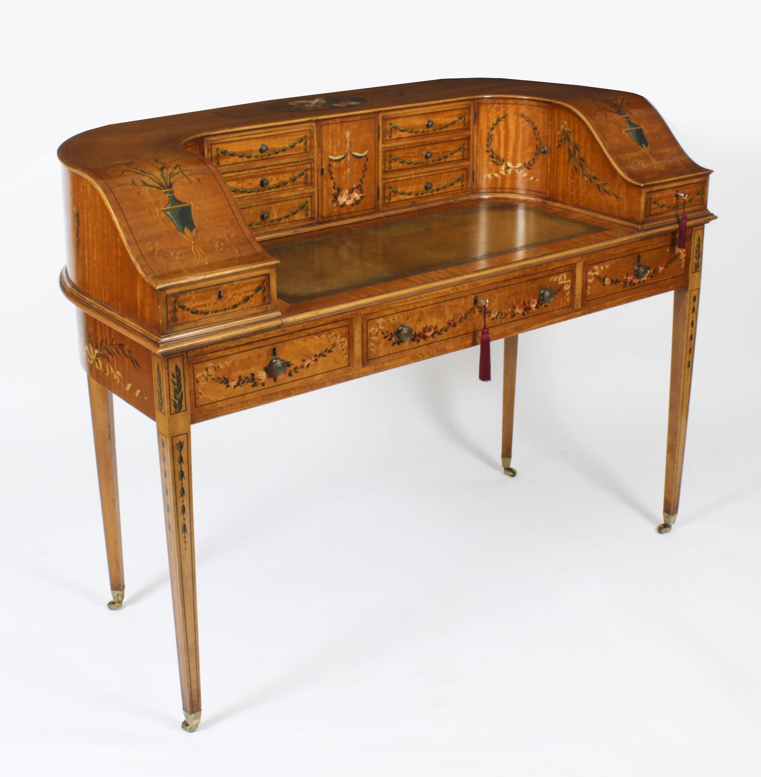 Edwardian Satin Wood & Floral Painted Carlton House Writing Desk C 1900