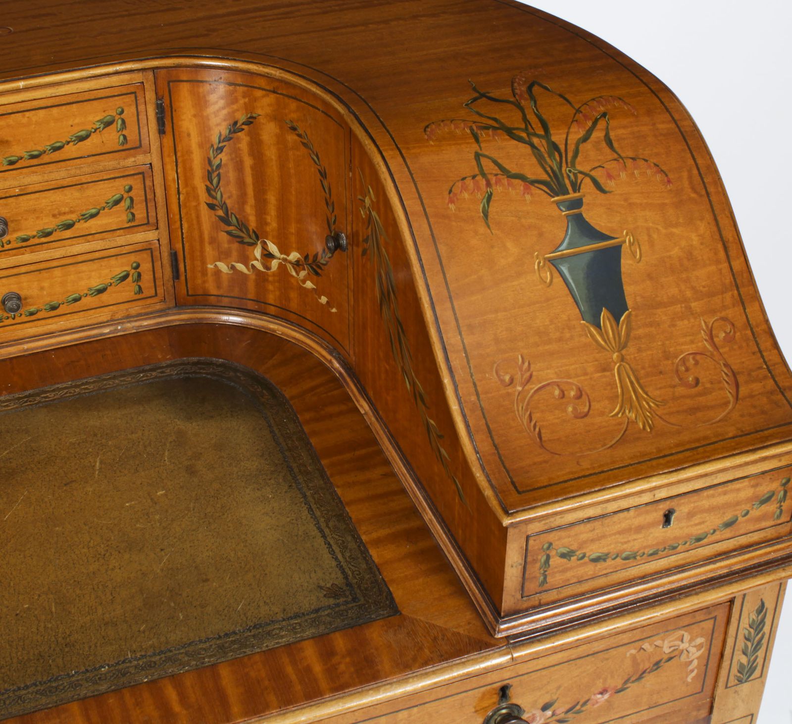 Edwardian Satin Wood & Floral Painted Carlton House Writing Desk C 1900 photo vintage