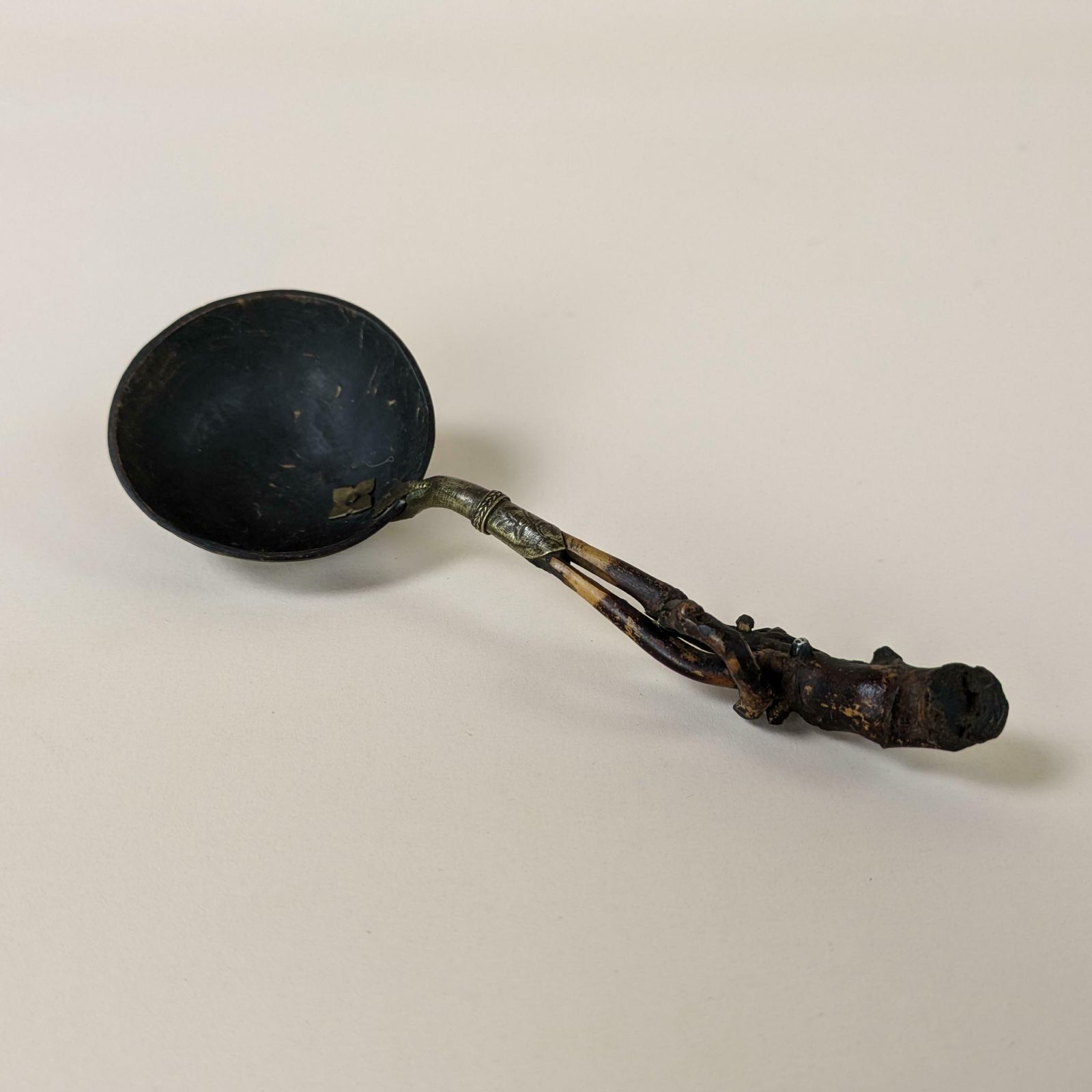 Antique Asian Ceremonial Opium Ladle Spoon Bamboo Brass & Coconut Shell From Laos Vietnam Indochina C1800 photo 308.0