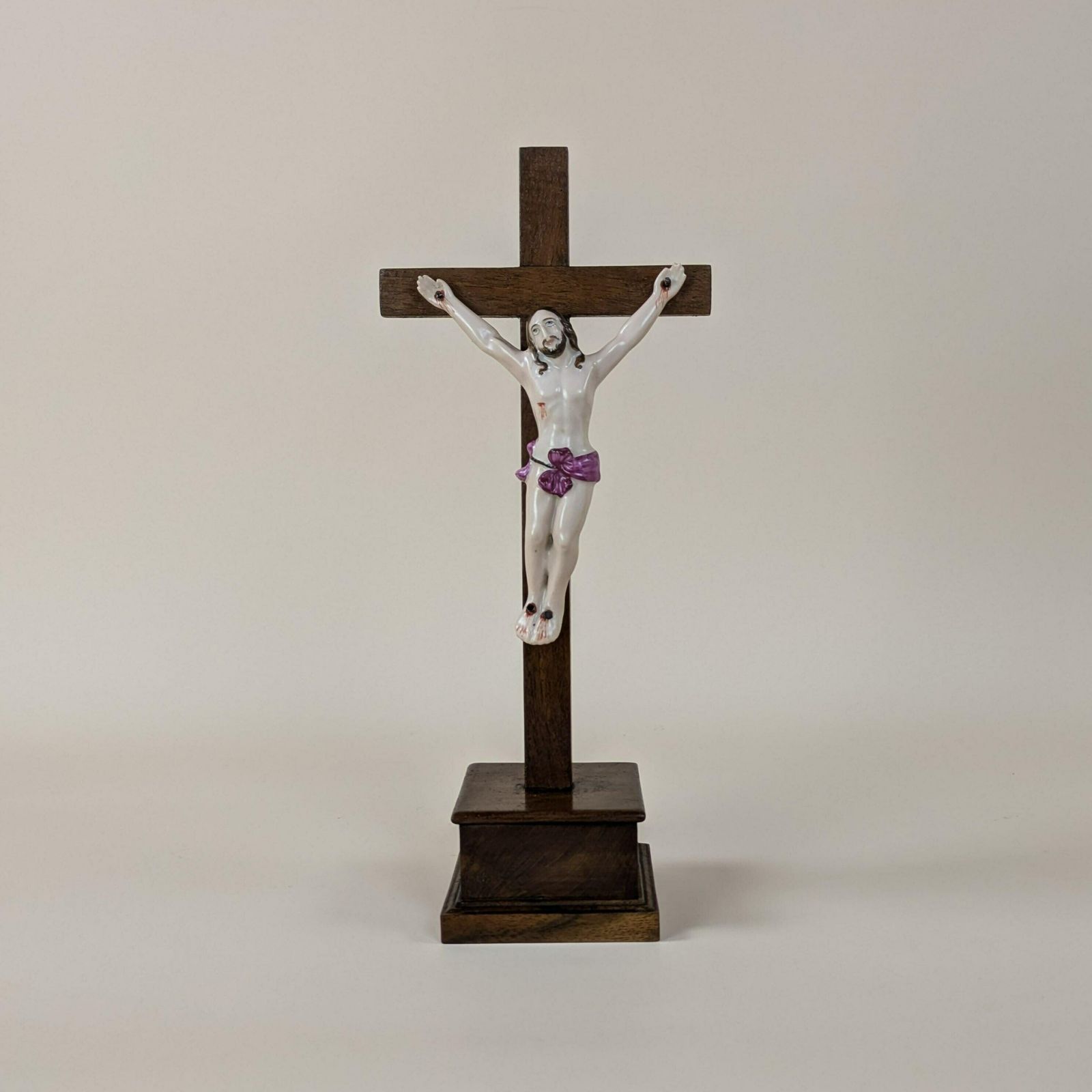 Antique French Crucifix Pottery & Wood Jesus Christian Holy Cross 19th Century Religious Decor Hand Painted Ceramic 1800s Crucifixion
