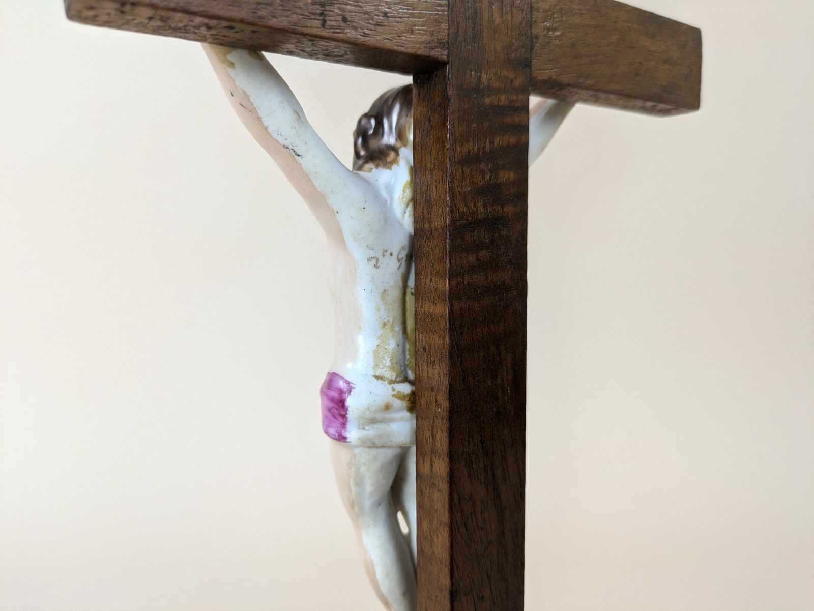 Antique French Crucifix Pottery & Wood Jesus Christian Holy Cross 19th Century Religious Decor Hand Painted Ceramic 1800s Crucifixion photo vintage