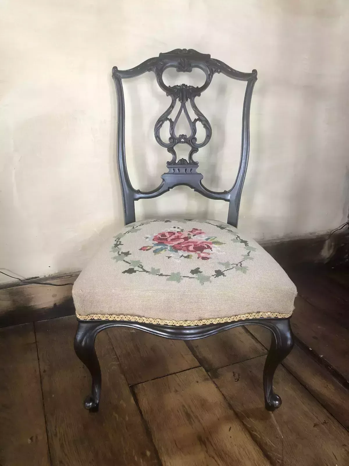 Antique Tapestry Upholstered Ornate Carved Ebonized Children’s Chair photo furniture