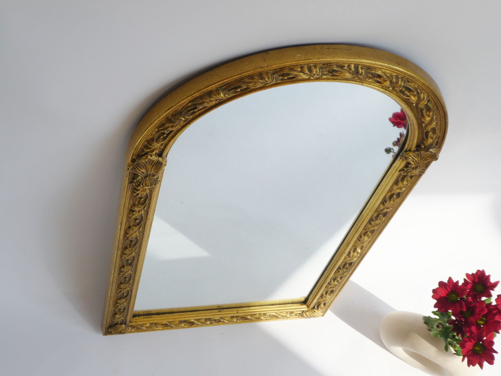 Wonderful Mid Century Asymmmetrical French Gold Mirror, Half Moon Wall Mirror With Gold Ornaments photo vinterior