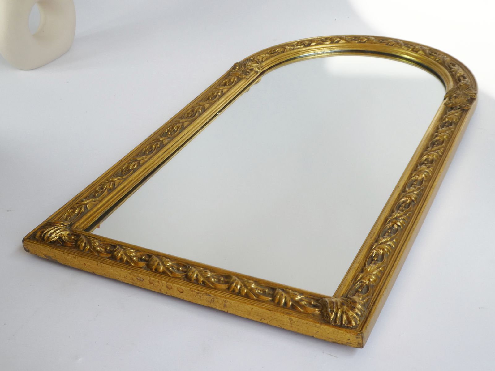 Wonderful Mid Century Asymmmetrical French Gold Mirror, Half Moon Wall Mirror With Gold Ornaments photo vintage