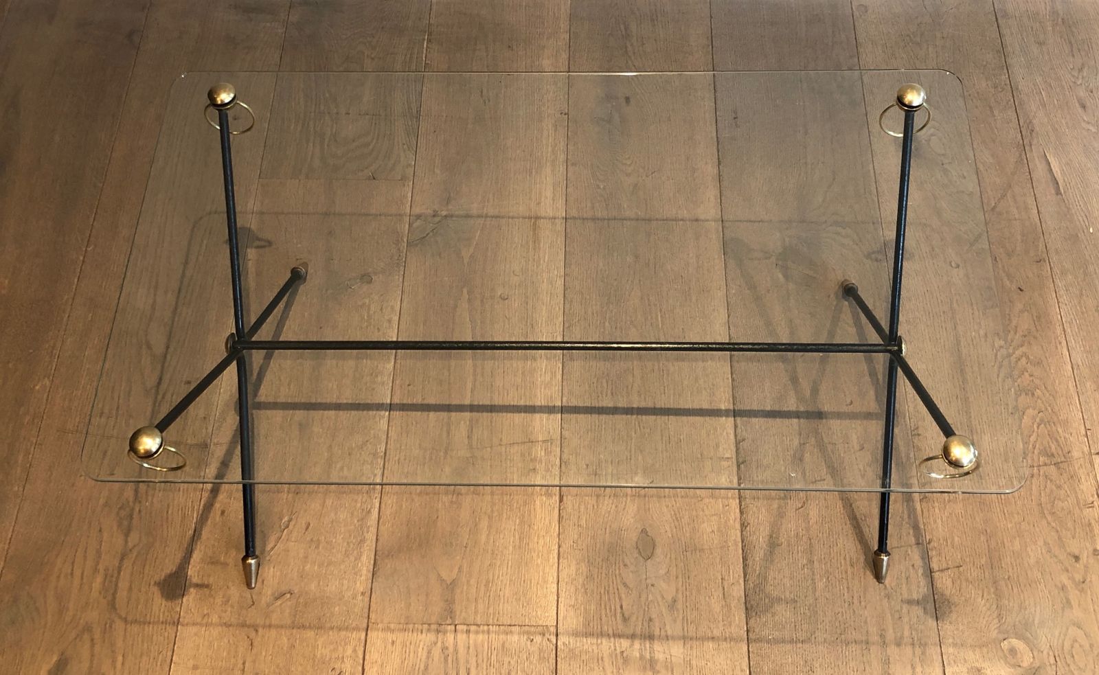 Coffee Table In Lacquered Brass Metal And Glass Slab By Jacques Adnet photo for sale