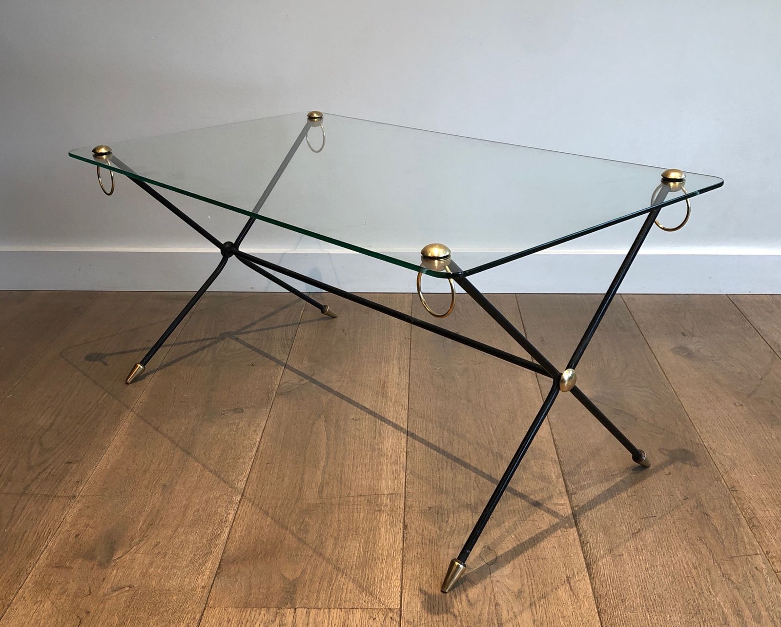1850.0 Coffee Table In Lacquered Brass Metal And Glass Slab By Jacques Adnet photo