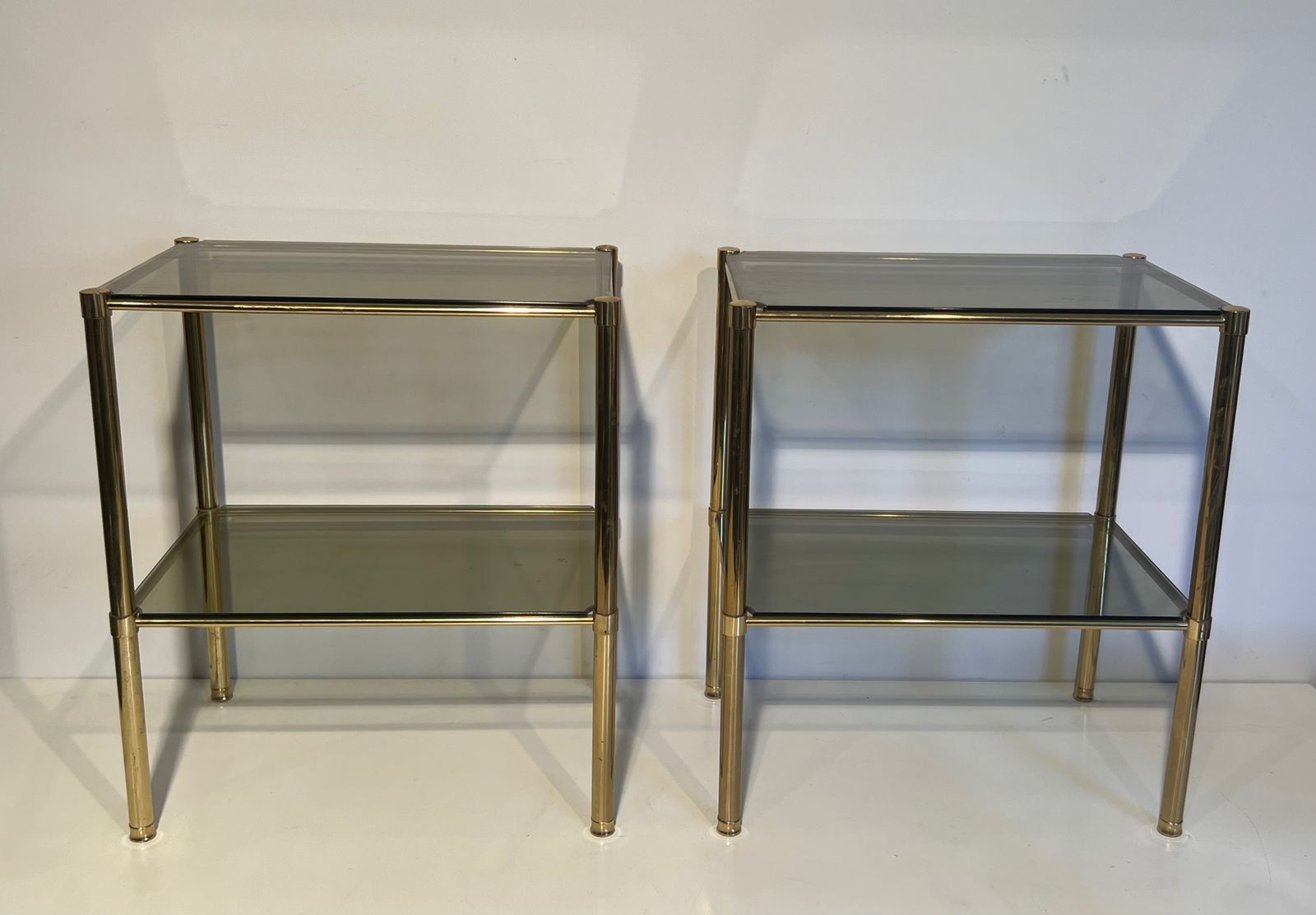 Pair Of Brass End Tables With Smoked Glass Trays. Circa 1970 photo furniture