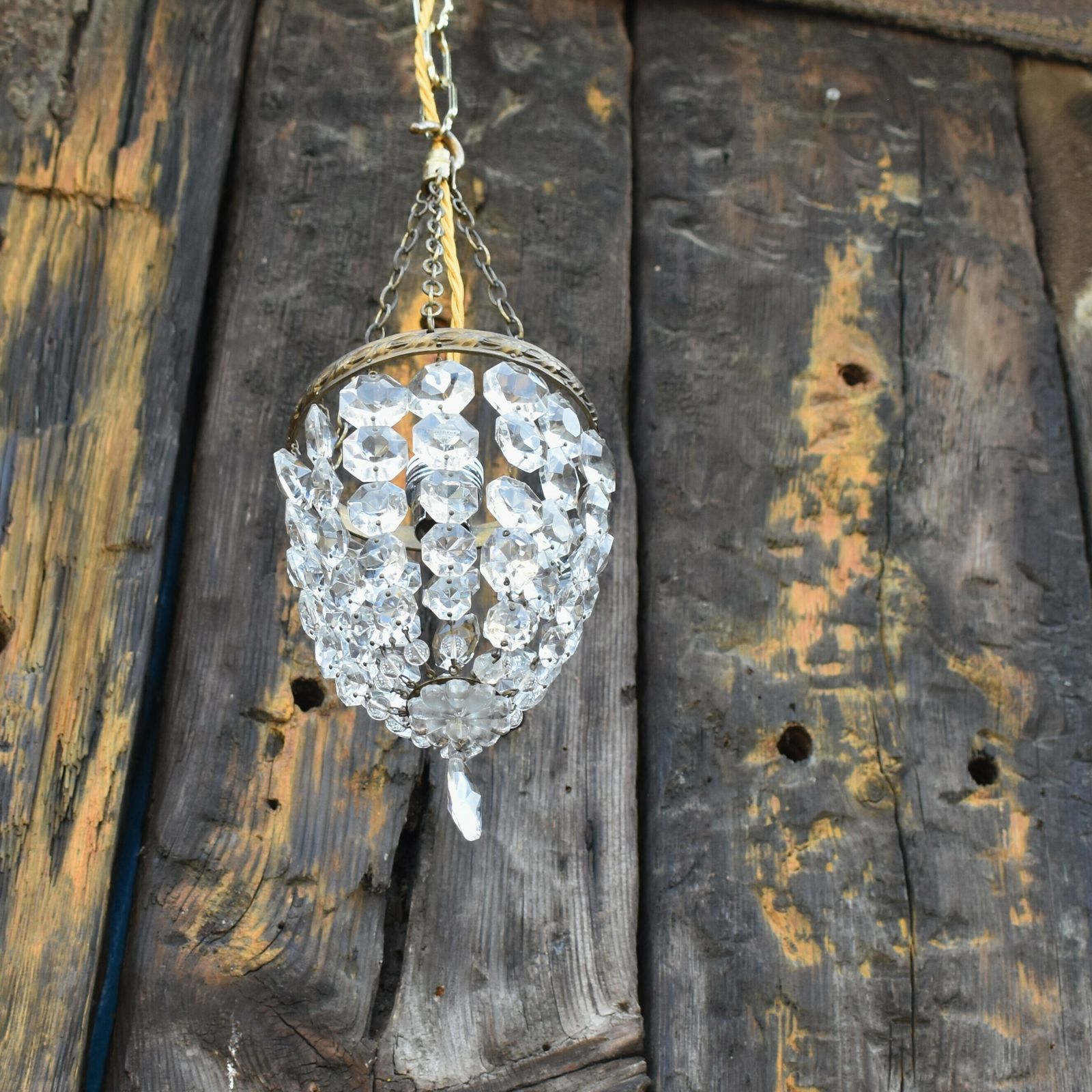 Antique Vintage Lead Crystal Lustre Droplet Basket Brass Ceiling Light Chandlier photo 135.0