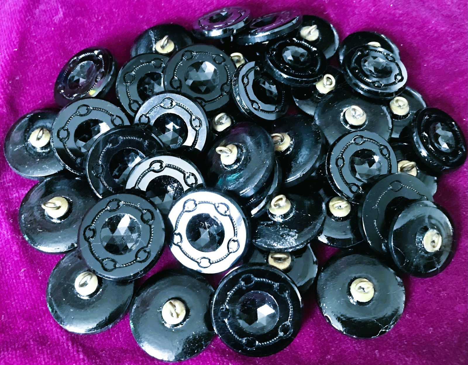 40 Fabulous Victorian French Jet Black Glass Buttons With Brass Shanks photo vinterior