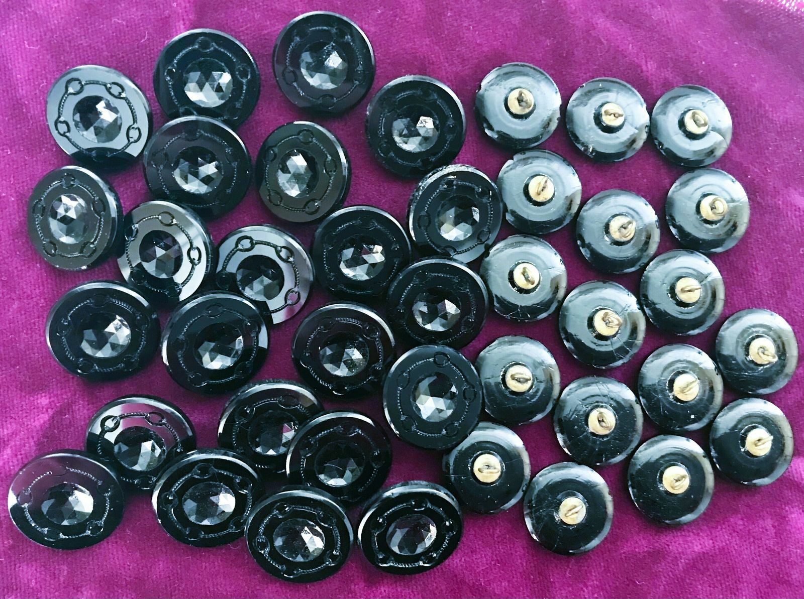 40 Fabulous Victorian French Jet Black Glass Buttons With Brass Shanks photo vintage