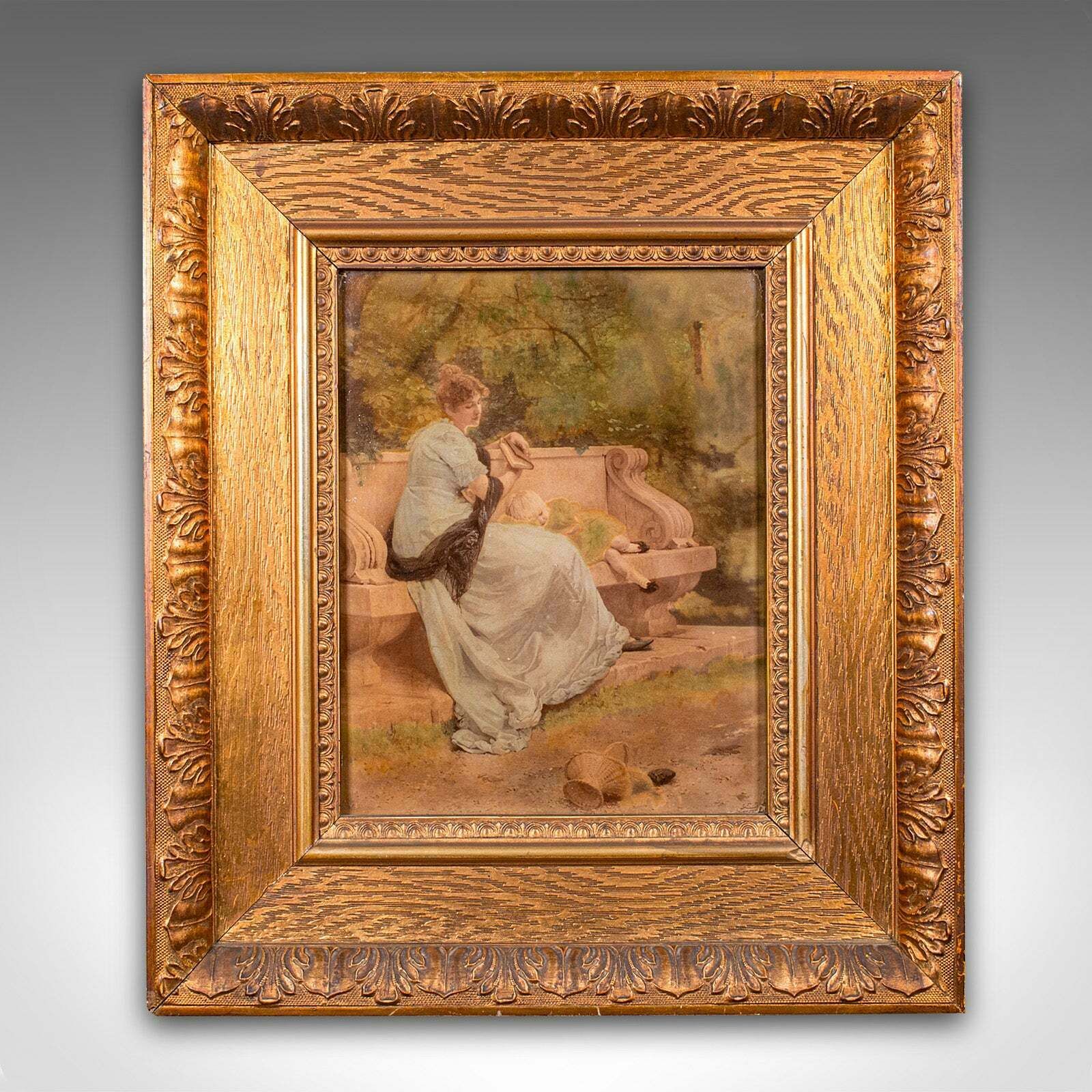 Antique Convex Glass Print, Continental, Framed Art, Impressionist, Victorian photo furniture
