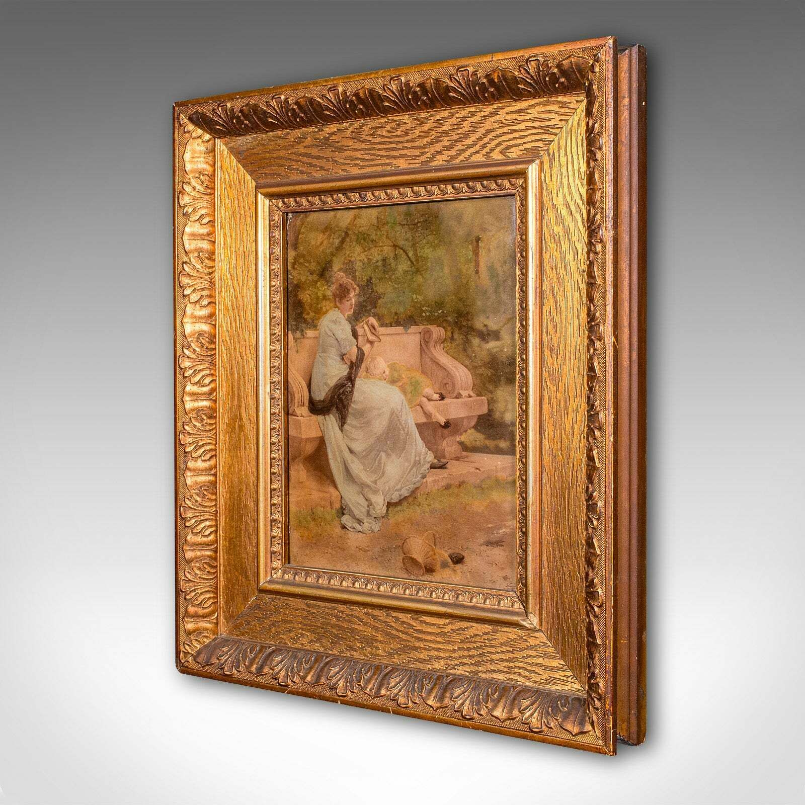 Antique Convex Glass Print, Continental, Framed Art, Impressionist, Victorian photo for sale